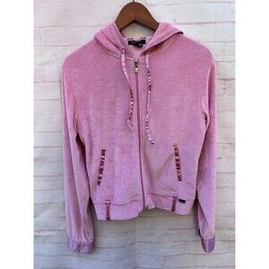 BCBG Y2K VTG Pink Velour Satin Trim Zip Hoodie Sweatshirt Sz L Barbiecore 90’s
